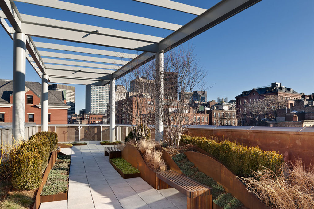 winter shrubs under pagoda in roof garden at museum