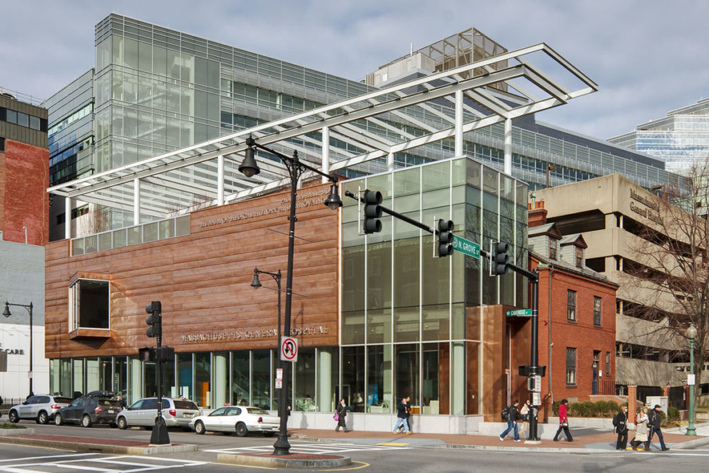 Exterior angled street view of copper and glass MGH museum building