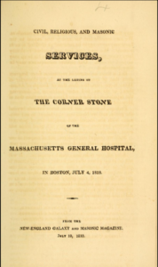 A title page reading Services at the Laying of the Corner Stone of the Massachsuetts General Hospital