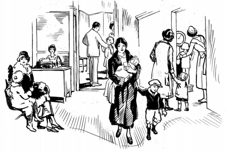 black and white drawing with several figures in a medical setting. At the center is a young woman, dressed in a hat and coat, holding a baby with a young boy at her left side, holding onto her coat.