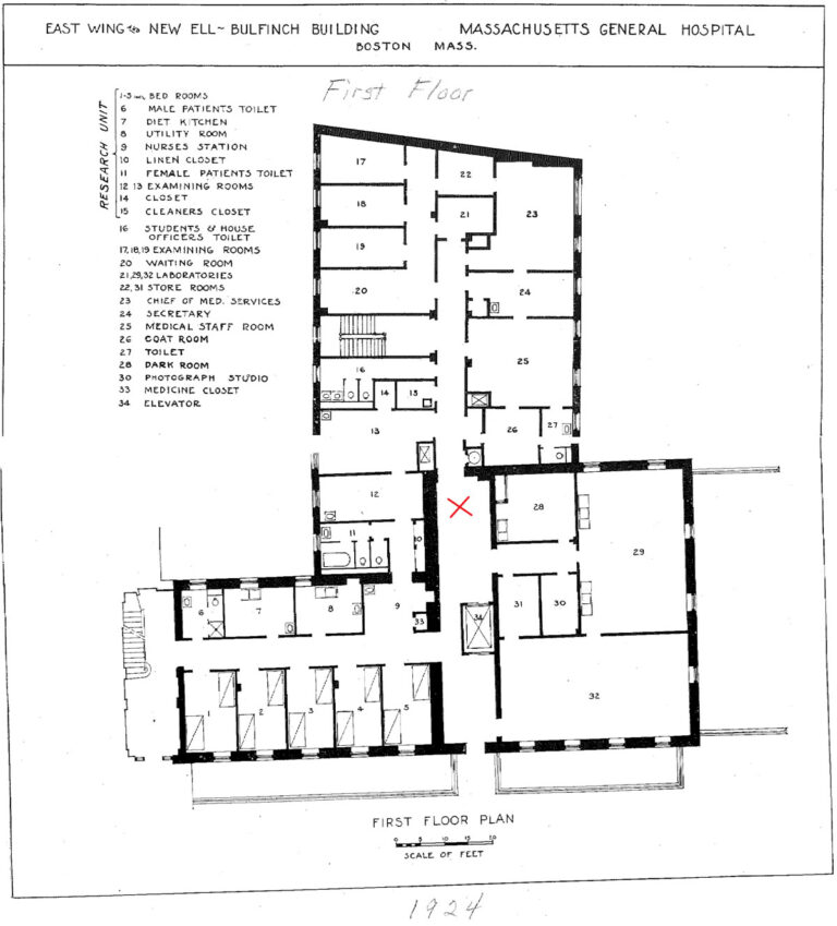 Floorplan of Bulfinch Building's first floor with a red "X' indicating viewer's location