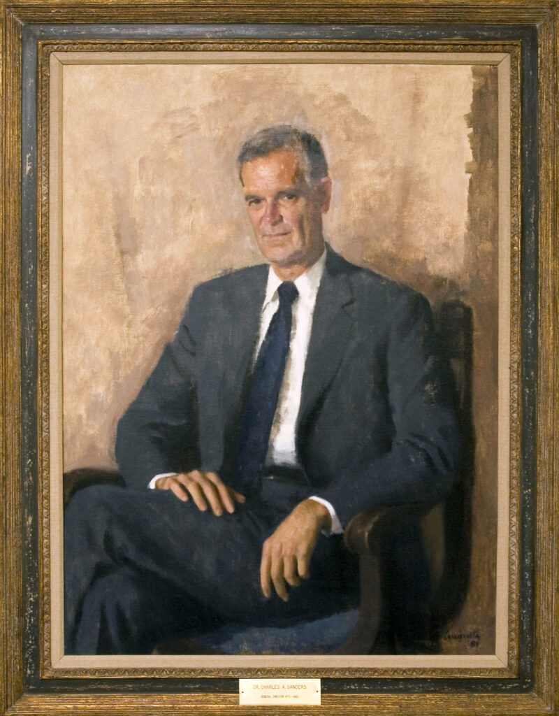 painting of gray-haired, seated man in a gray suit. His right hand is resting on his left thigh.