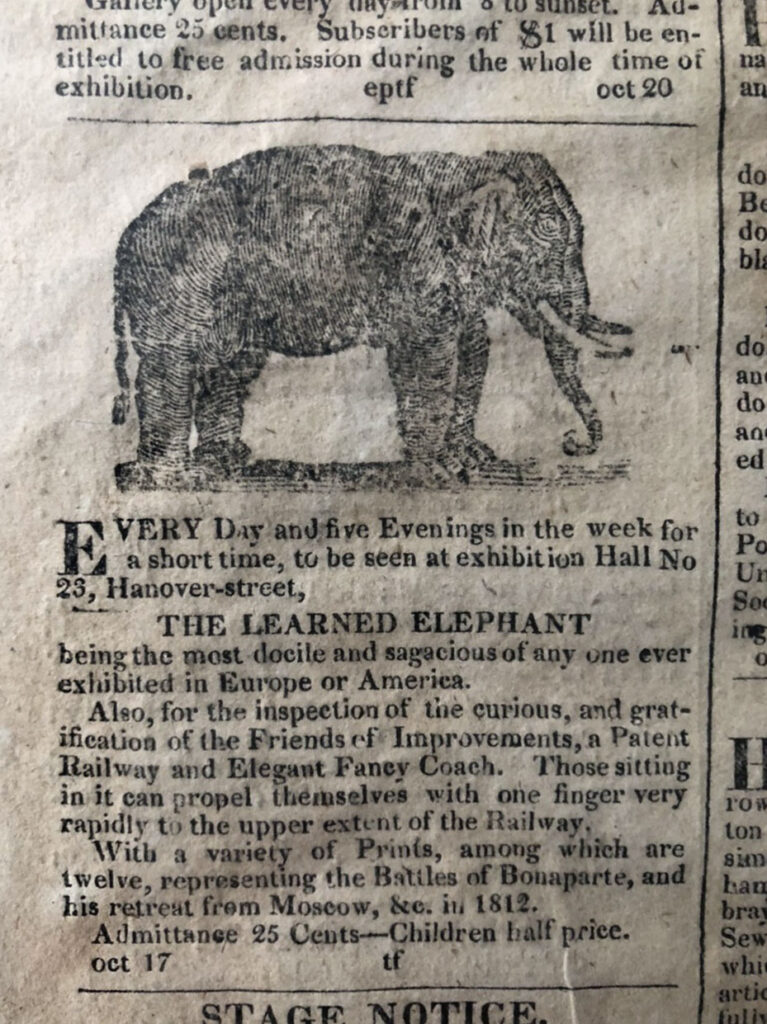 Columbian Centinel newspaper detail, Learned elephant article