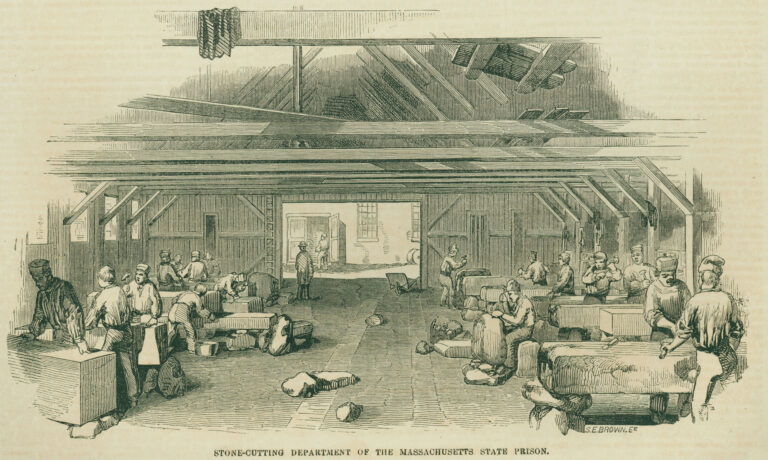 Line engraving of Stone-cutting Department of the Massachusetts State Prison
