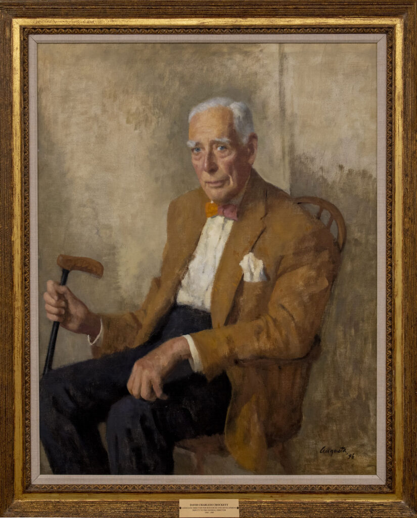 Painting of seated, white-haired man wearing a brown sports coat and bow tie. He is holding a cane in his right hand.
