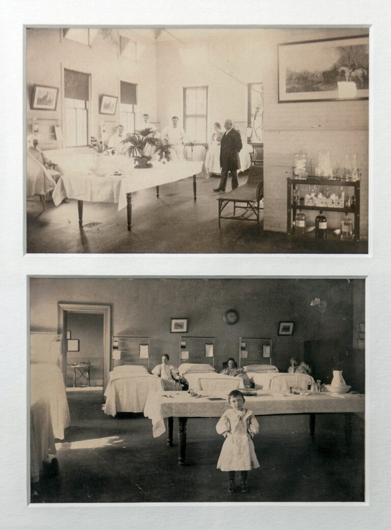 Two stacked sepia-toned photos. Top: male patient, three male attendants, a female nurse, and a man in a dark suit in a room. Bottom: three women in beds in the background and a child in the foreground, looking at the camera