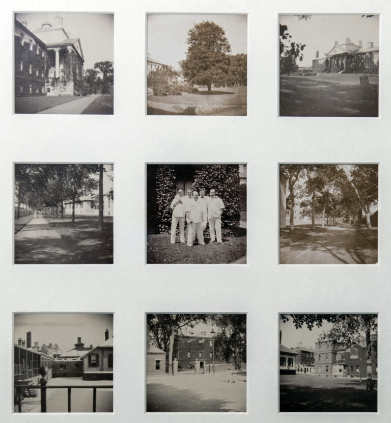 9 square black & white photos, there rows of three images. Most feature various exterior view of the campus but the center photo shows 5 men in white uniforms