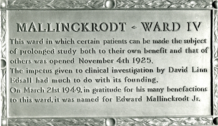 Black and white image of a plaque commemorating the founding of a clinical research ward in 1925