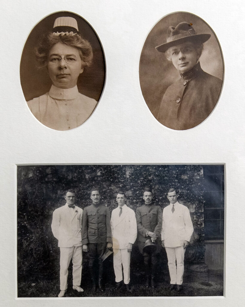 Three black & white photos: The two on top, oval frames, are both portrait of Sara E. Parsons—in a nurse's uniform on the left and a military uniform on the right. The bottom photo features 5 men in a rectangular frame.