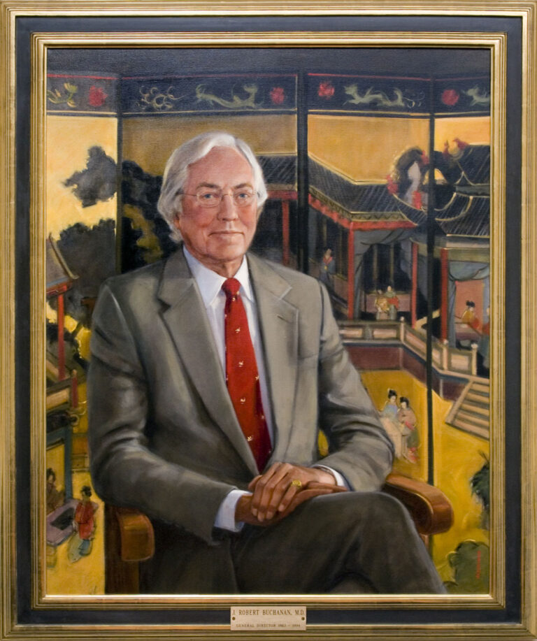 painting of a white-haired, seated man wearing a gray suit, glasses and a red tie. Behid him is an illustrated oriental screen
