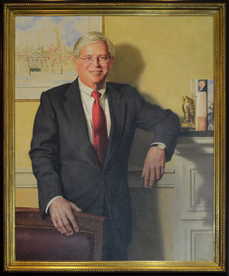 painting of a bespectacled, gray-haired man in a gray suit, white shirt, and red tie, resting his left arm on a fireplace mantel