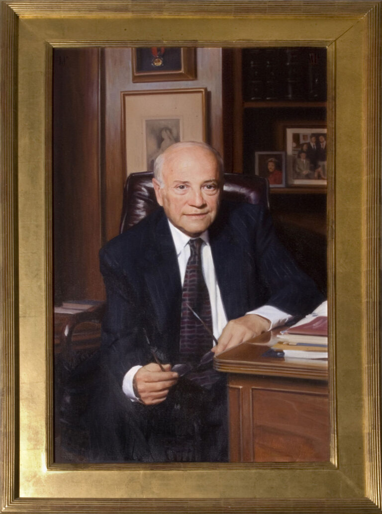 painting of white-haired man seated in an office environment. He is leaning forward, resting his left arm on his desk, and holding a pair of glasses with both hands.