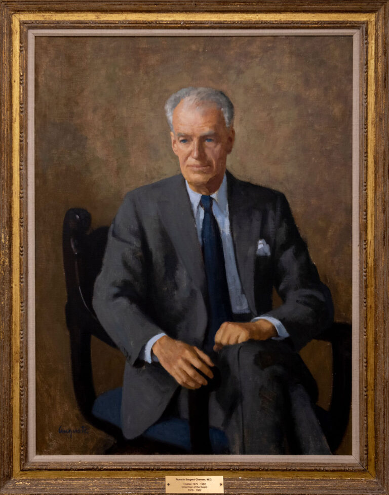 painting of seated gray-haired man is gray suit, pale blue shirt, and navy blue tie.