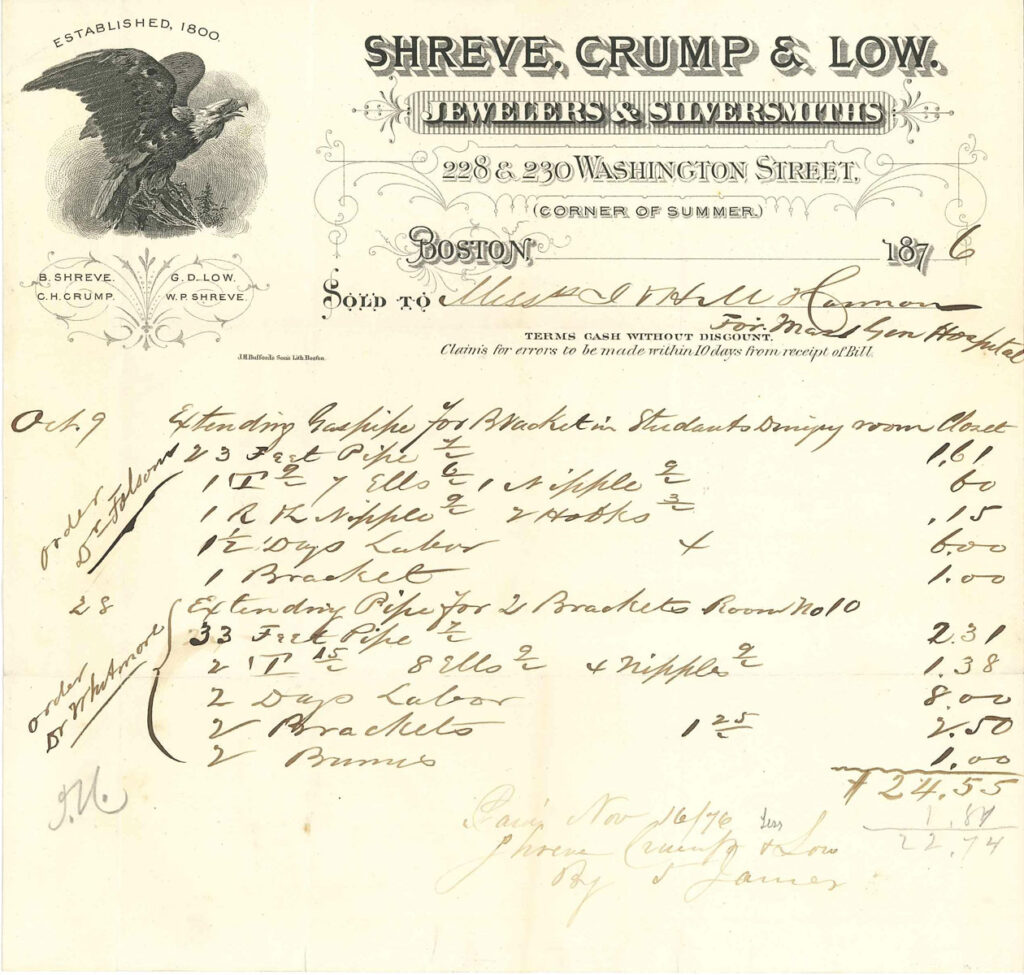 yellowed receipt with ornate text on top with an eagle engraving in the top left corner