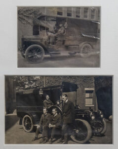 Two stacked black & white photos, each showing an old automobile with various people in or around