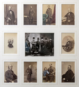 Ten black & white photos: Larger group photo of six men in top hats in the center surrounded by ten smaller individual portraits