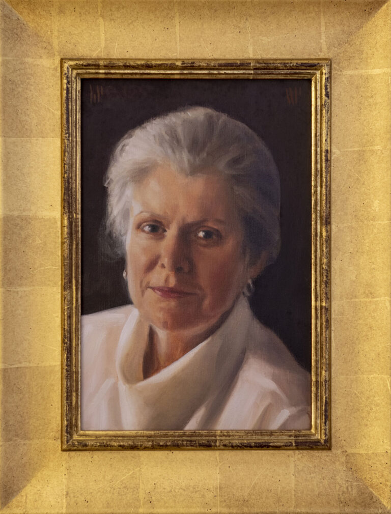 Painting of gray-haired woman wearing an ivory-colored cowl-neck sweater