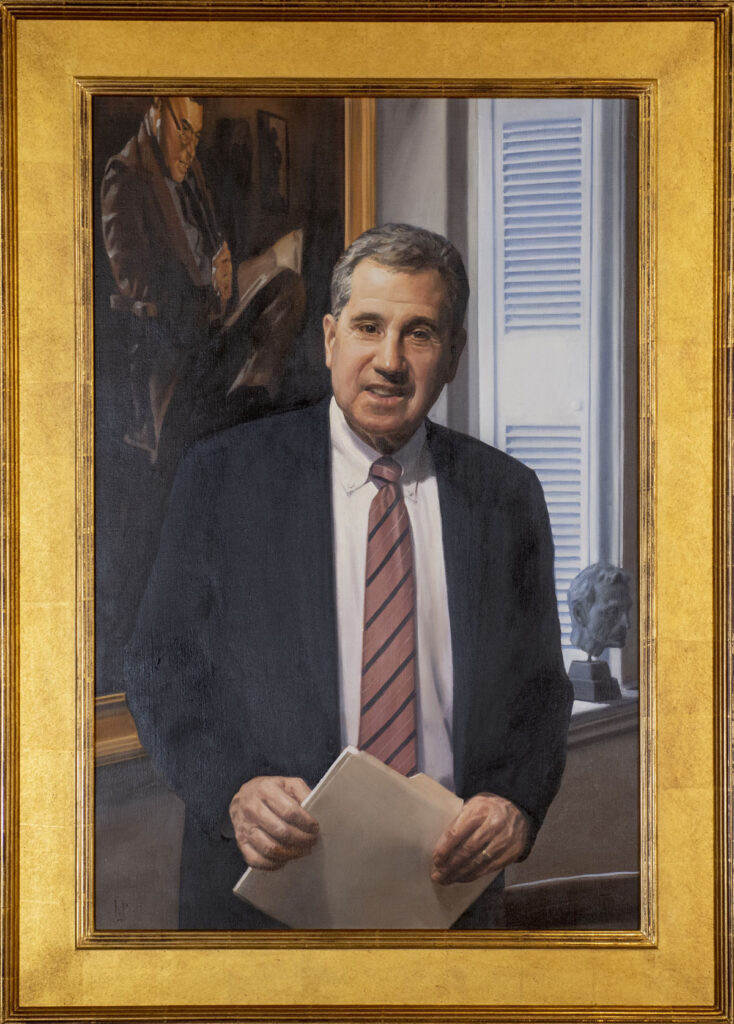 painting of a gray-haired man holding a manila folder in both hands. He is wearing a gray jacket and red tie with black and gold stripes, Behind his is a painting on a wall and a sculpture on the windowsill.