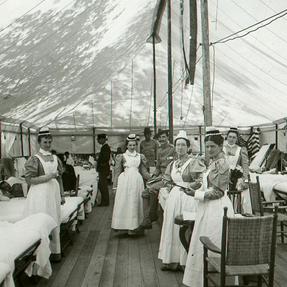 Photograph of the interior of a Spanish-American War era tent ward, ca. 1898